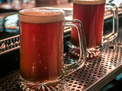 Pints of beer at a bar