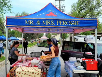 Perogies and other booths at Farmers' Market