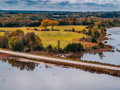 Scenic fall colours surrounding a winding road and causeway in Kawartha Lakes