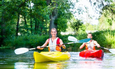 Two people kayaking on the water